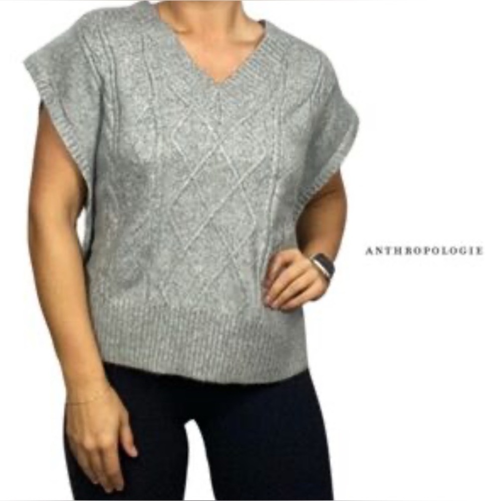 Anthropologie Ruby Moon Gray Cable Knit Cap Sleeve Sweater Vest - Size 1X